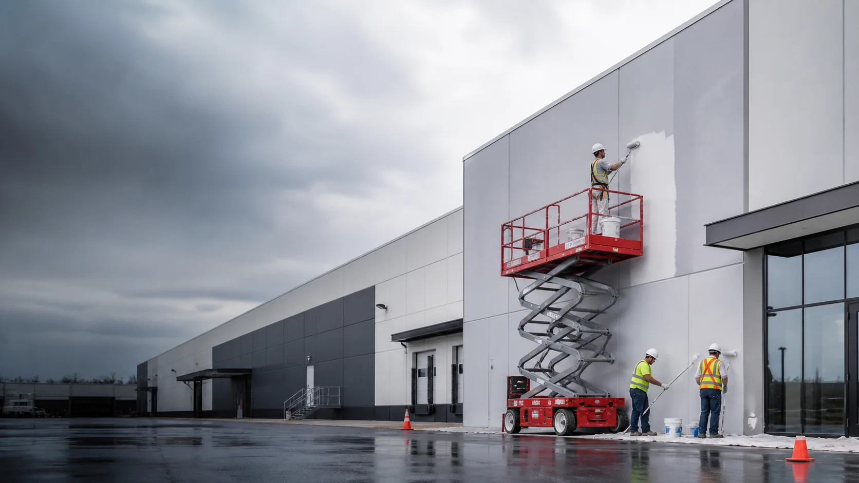 ABR Solutions commercial exterior painting crew refreshing a warehouse facade